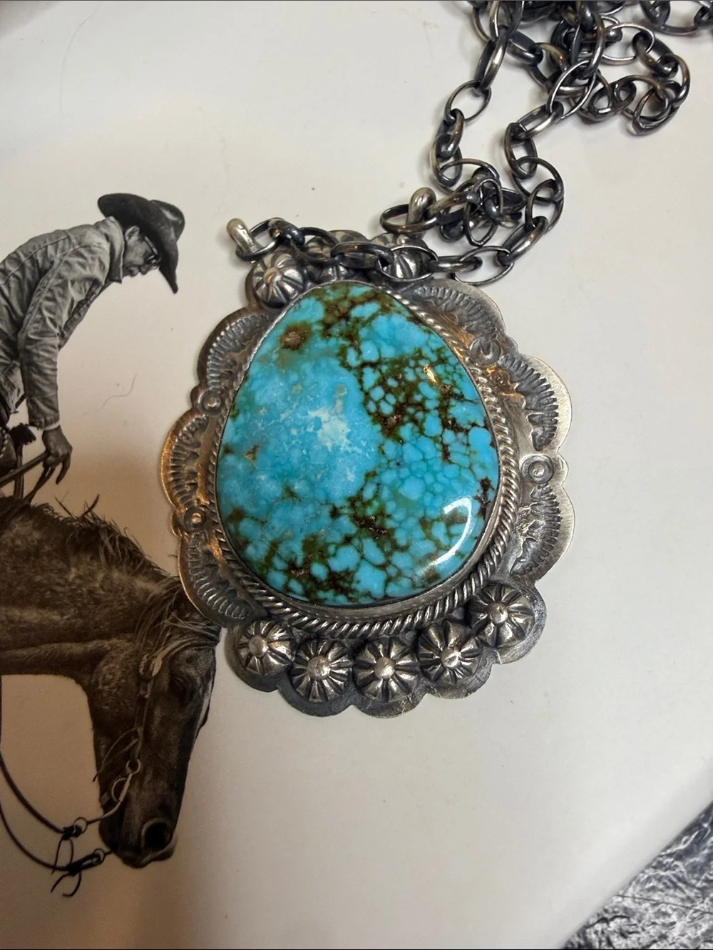 Sterling Silver Turquoise Navajo Pendant Necklace - Web Kingman -  Lester Kee